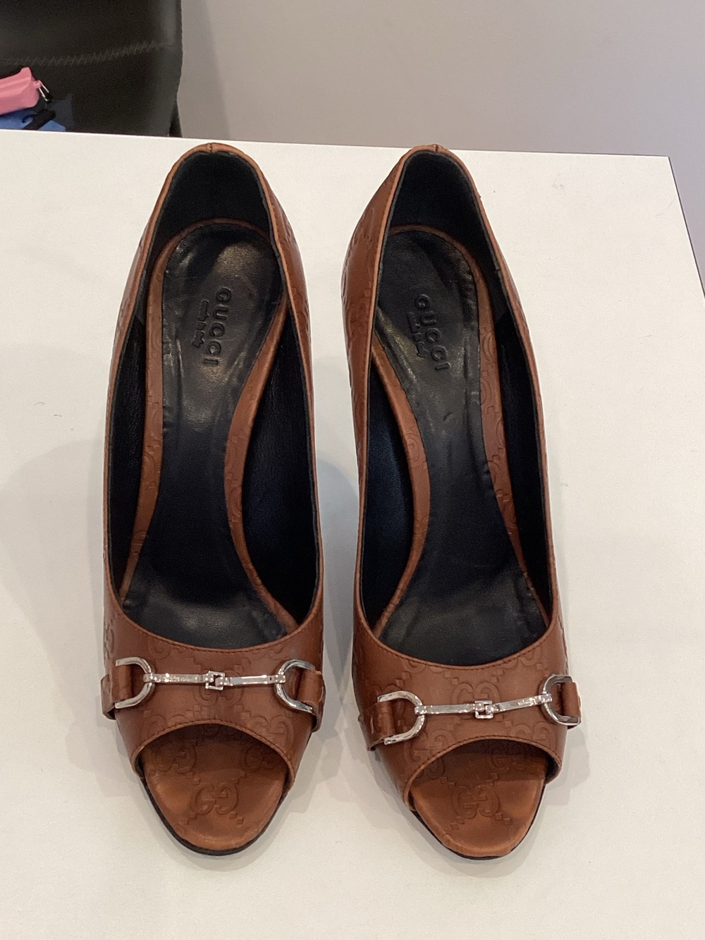 Gucci Brown Leather Peep-Toe Heels with Silver Horsebit